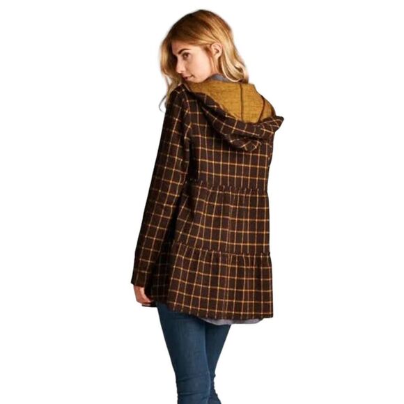 Oddy Plaid Ruffle Zip Up Jacket Chestnut Brown / Gold Windowpane Size Small - Picture 1 of 15